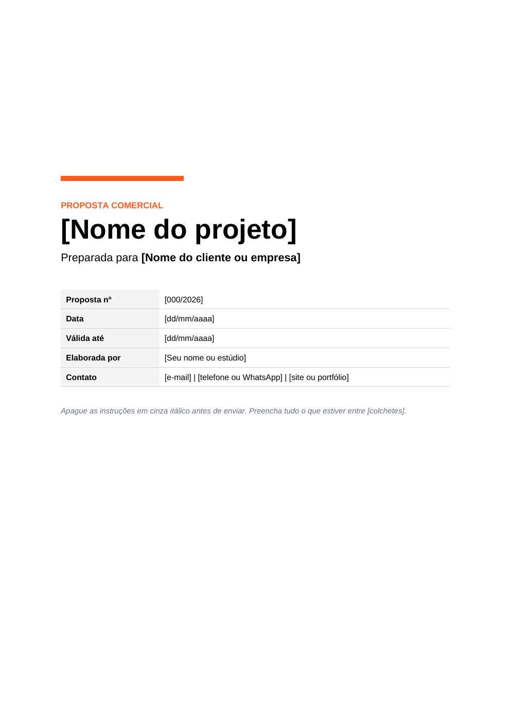 Primeira página do modelo Proposta comercial