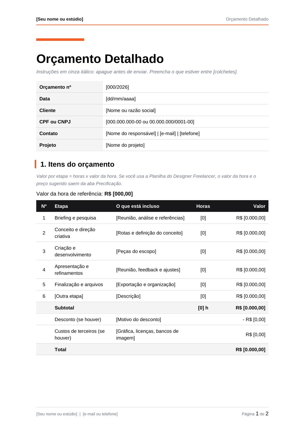 Primeira página do modelo Orçamento detalhado