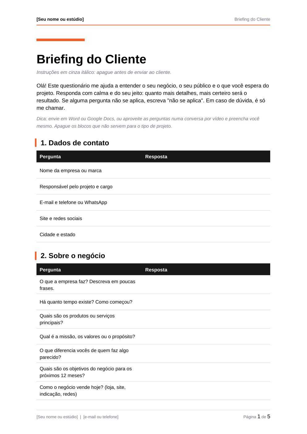 Primeira página do modelo Briefing do cliente
